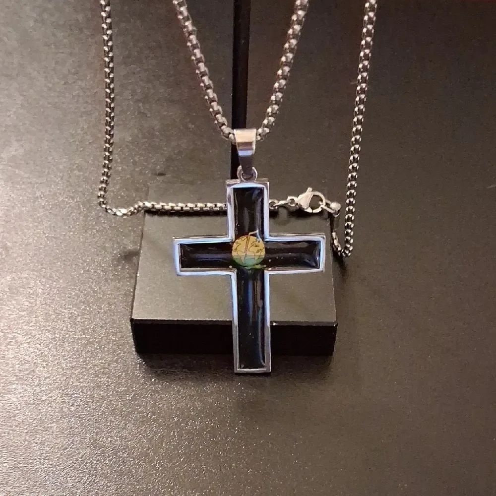 New Black And Silver Cross On A Stainless Steel Curb Chain